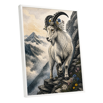 Crowned Above the Clouds, black, beige, gray nature wall art shown as a white framed poster wall art print