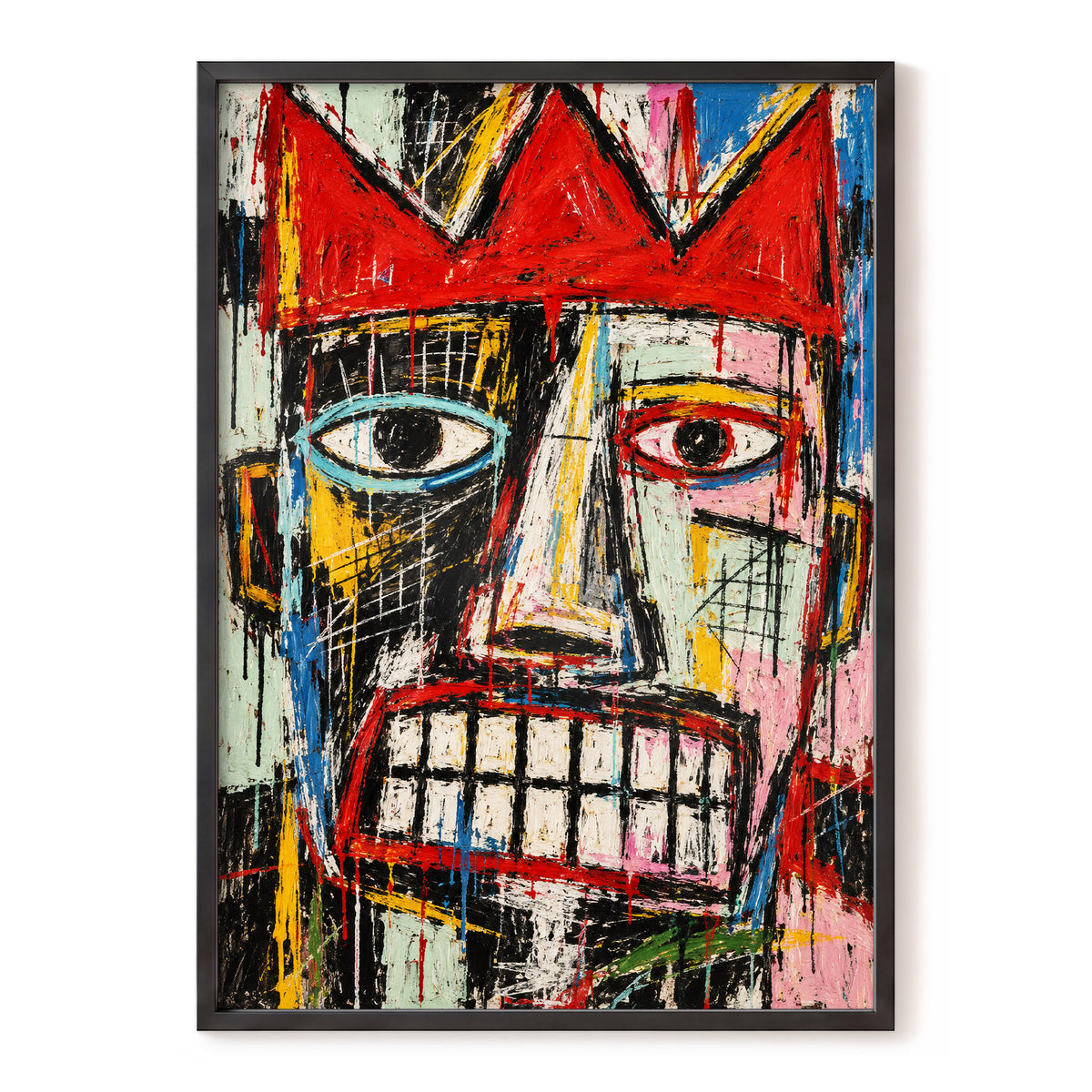 Crowned Gaze, red, black, white abstract wall art, front artwork view