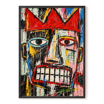Crowned Gaze, red, black, white abstract wall art, front artwork view