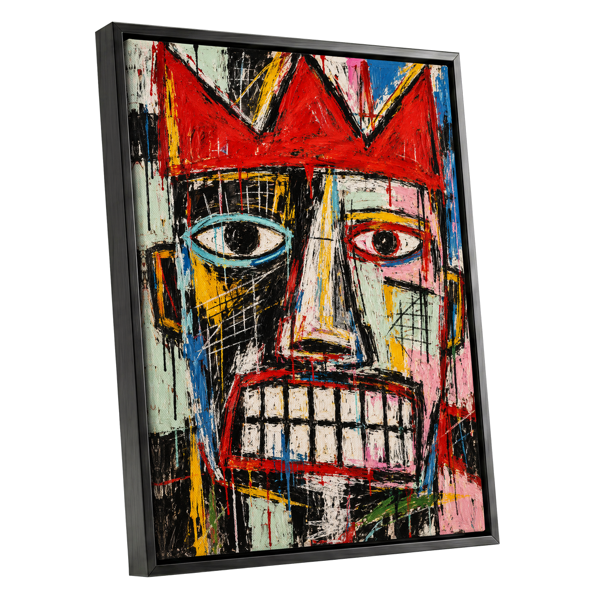 Crowned Gaze, red, black, white abstract wall art shown as a black framed canvas wall art