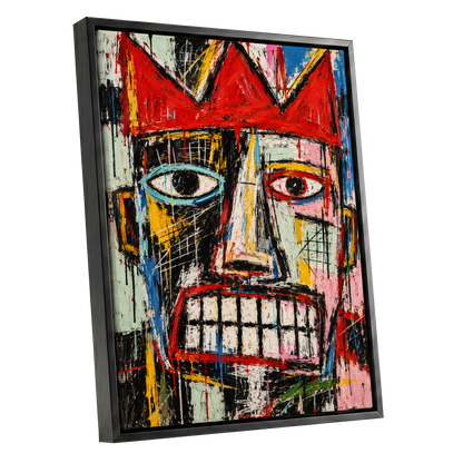 Crowned Gaze, red, black, white abstract wall art shown as a black framed canvas wall art