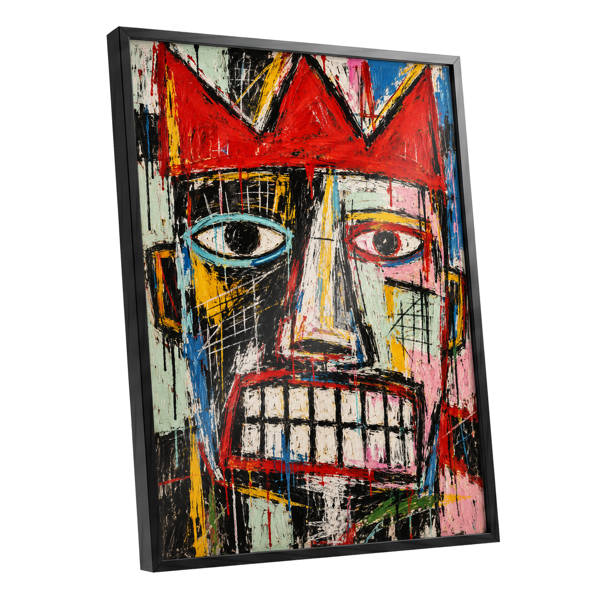 Crowned Gaze, red, black, white abstract wall art shown as a black framed poster wall art print