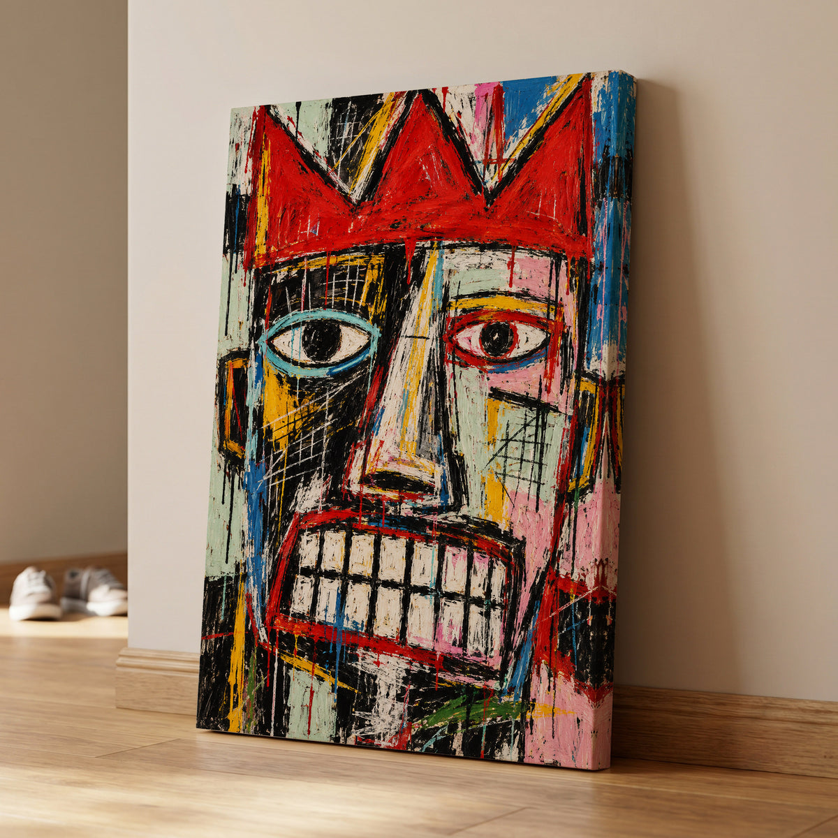 Crowned Gaze, red, black, white abstract wall art on canvas displayed in a styled interior, gallery view 1