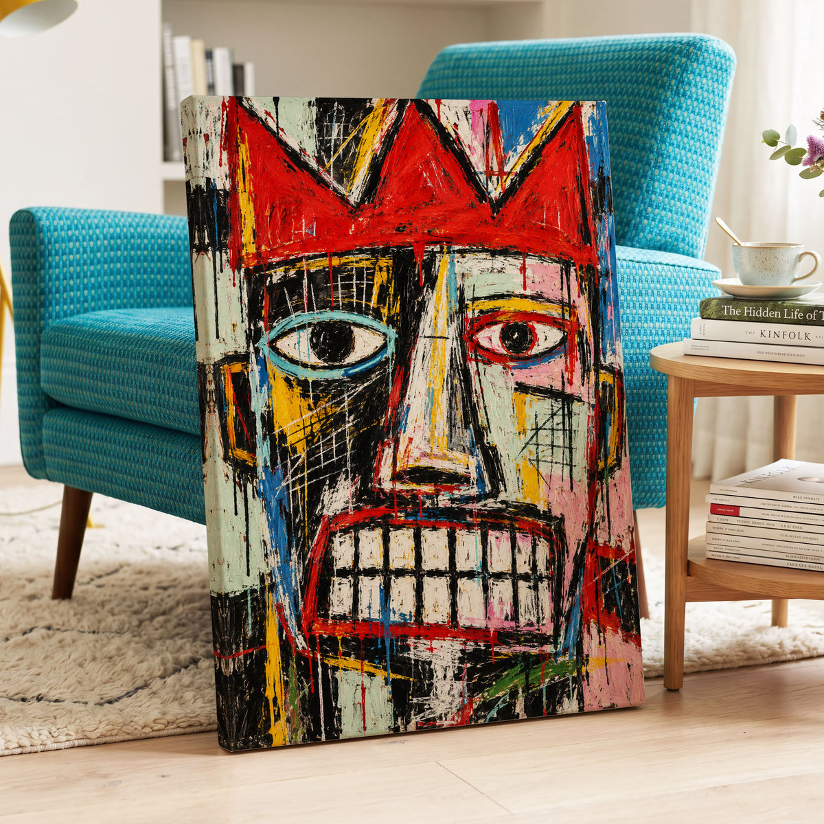 Crowned Gaze, red, black, white abstract wall art on canvas displayed in a styled interior, gallery view 2