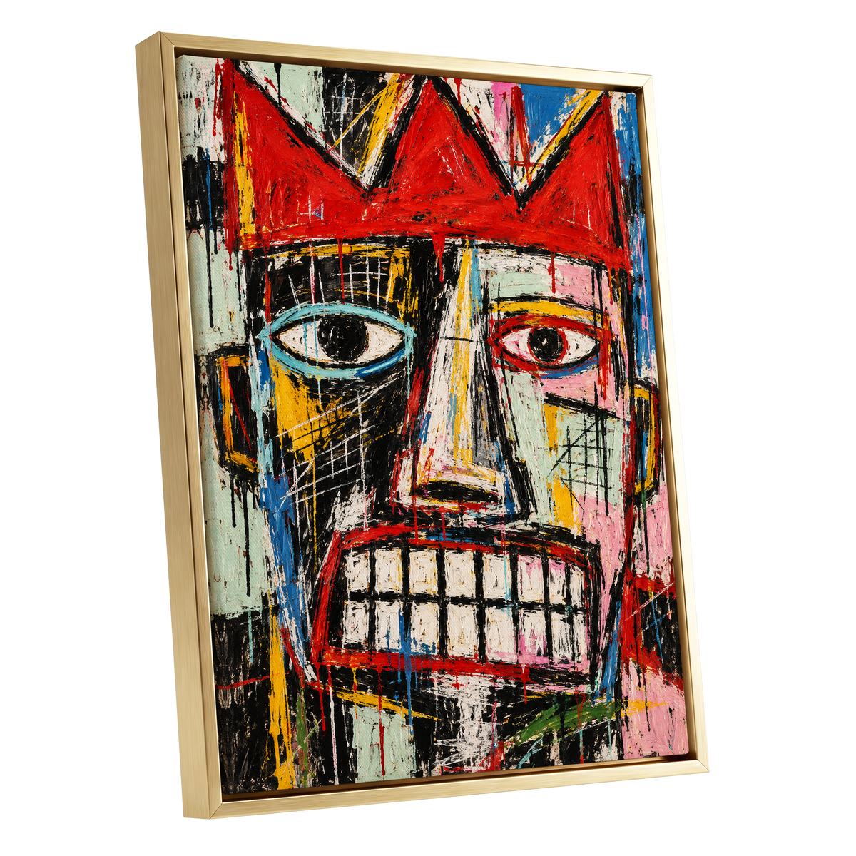 Crowned Gaze, red, black, white abstract wall art shown as a gold framed canvas wall art