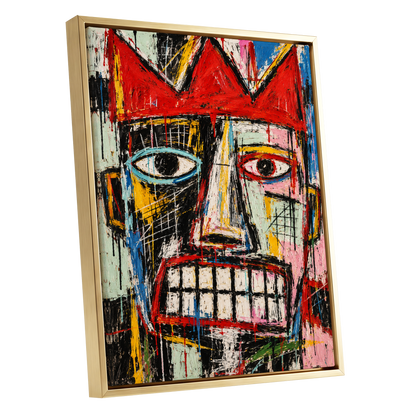 Crowned Gaze, red, black, white abstract wall art shown as a gold framed canvas wall art