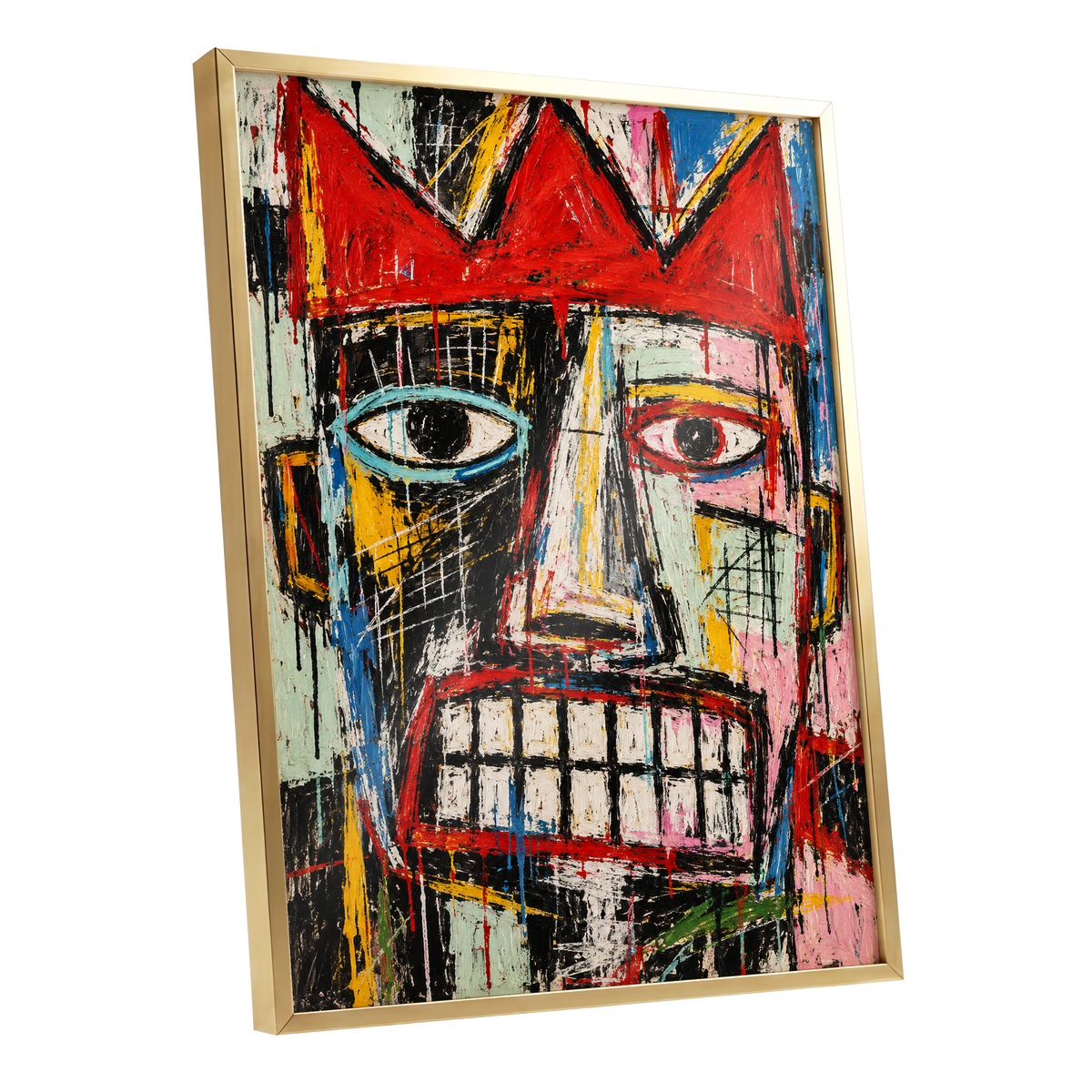 Crowned Gaze, red, black, white abstract wall art shown as a gold framed poster wall art print