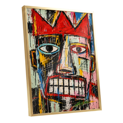 Crowned Gaze, red, black, white abstract wall art shown as a gold framed poster wall art print