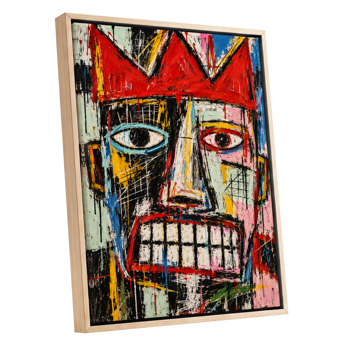 Crowned Gaze, red, black, white abstract wall art shown as a oak framed canvas wall art