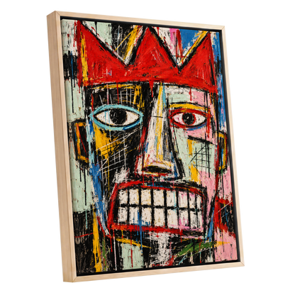 Crowned Gaze, red, black, white abstract wall art shown as a oak framed canvas wall art