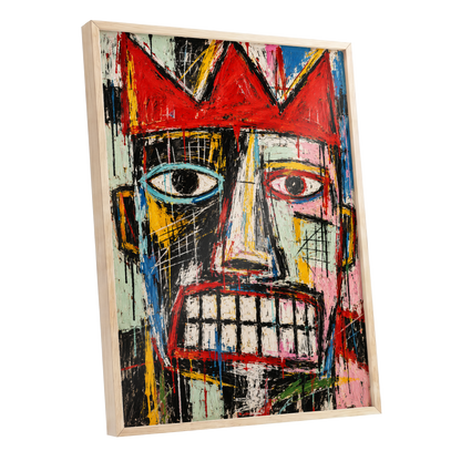 Crowned Gaze, red, black, white abstract wall art shown as a oak framed poster wall art print