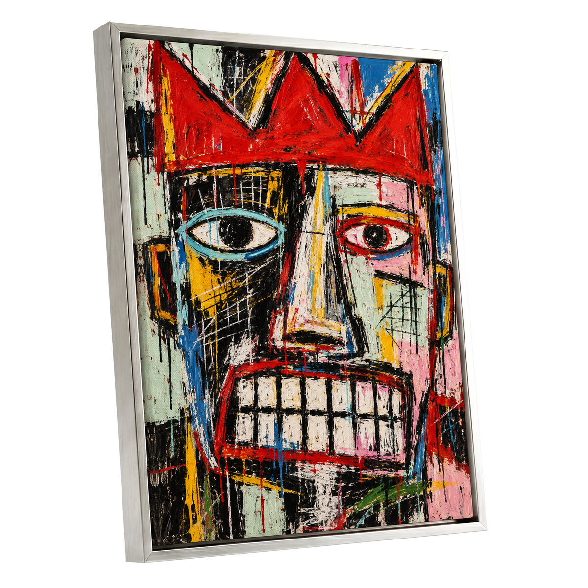 Crowned Gaze, red, black, white abstract wall art shown as a silver framed canvas wall art