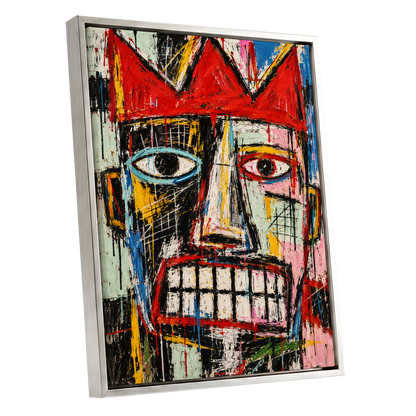 Crowned Gaze, red, black, white abstract wall art shown as a silver framed canvas wall art