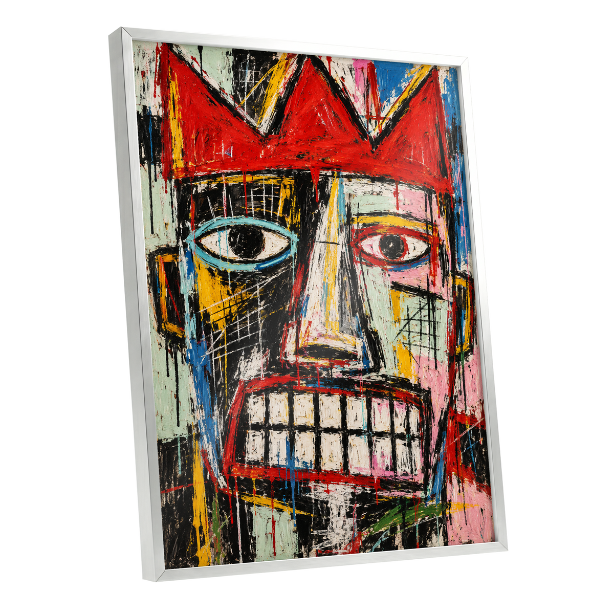 Crowned Gaze, red, black, white abstract wall art shown as a silver framed poster wall art print