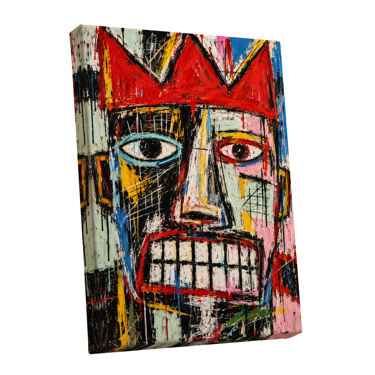 Crowned Gaze, red, black, white abstract wall art shown as a stretched canvas wall art