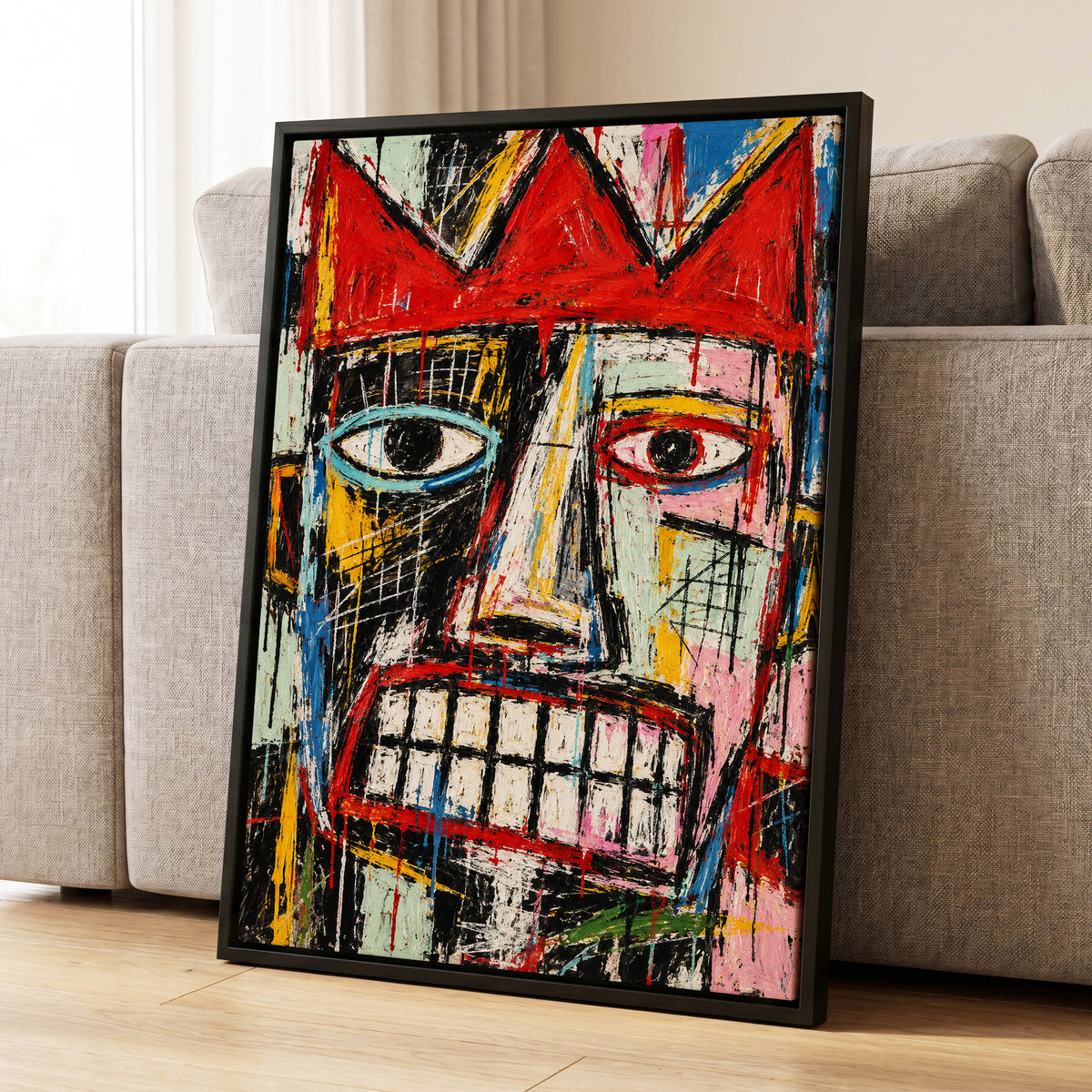 Crowned Gaze, red, black, white abstract wall art displayed in a styled interior, gallery view 1