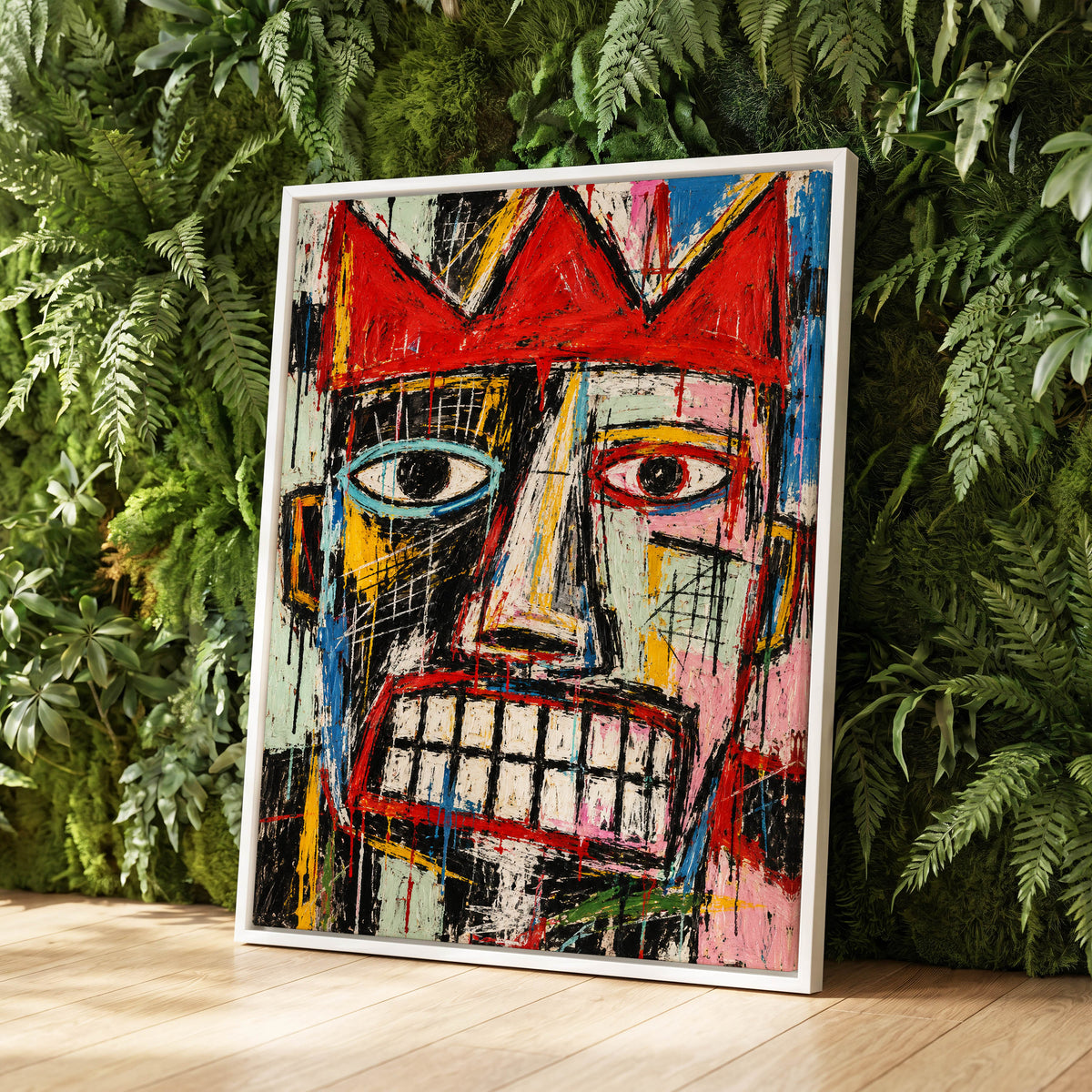 Crowned Gaze, red, black, white abstract wall art displayed in a styled interior, gallery view 2