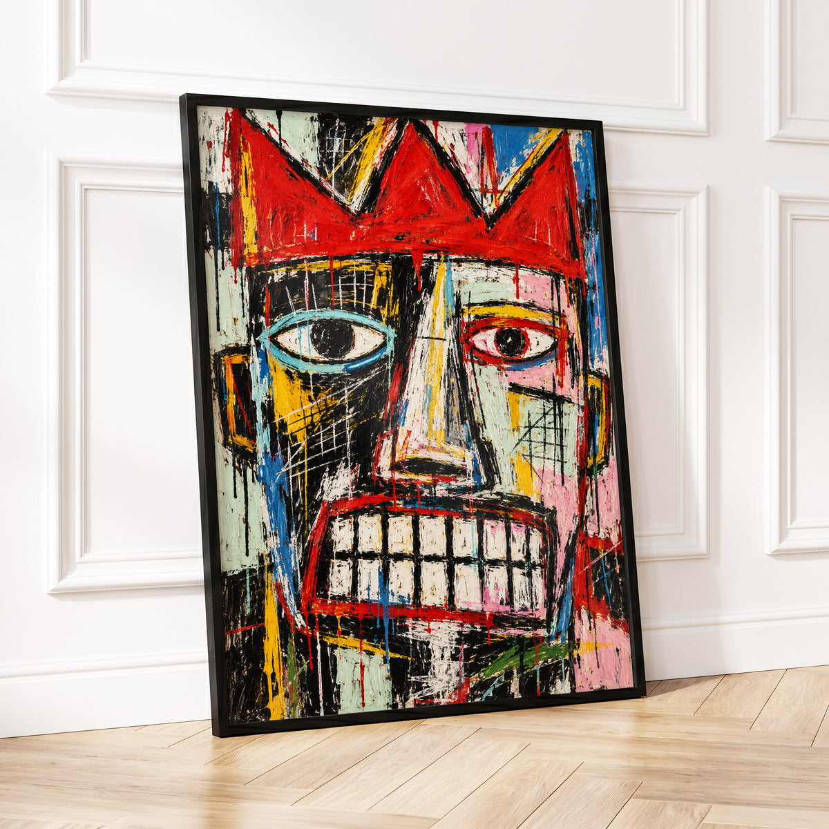 Crowned Gaze, red, black, white abstract wall art displayed in a styled interior, gallery view 4