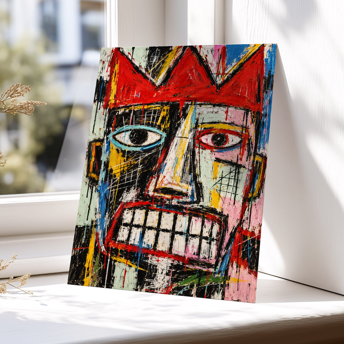 Crowned Gaze, red, black, white abstract wall art displayed in a styled interior, gallery view 5