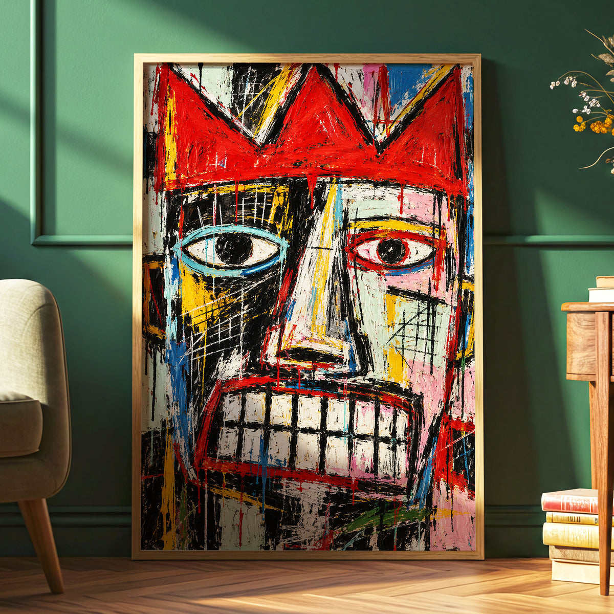 Crowned Gaze, red, black, white abstract wall art displayed in a styled interior, gallery view 6