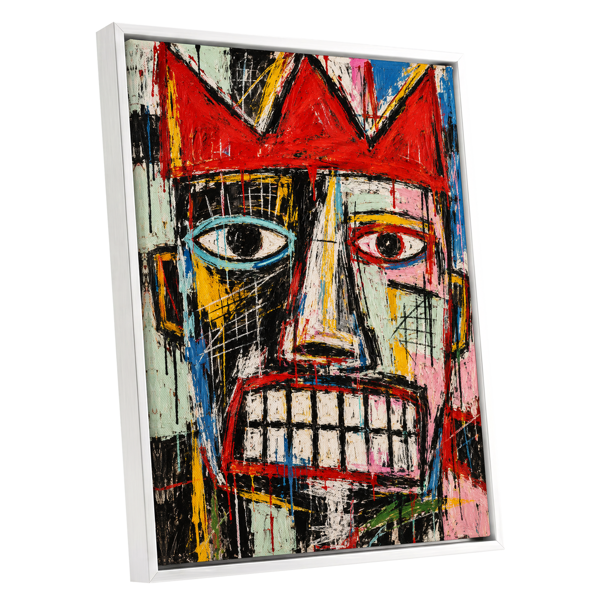Crowned Gaze, red, black, white abstract wall art shown as a white framed canvas wall art
