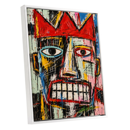 Crowned Gaze, red, black, white abstract wall art shown as a white framed canvas wall art