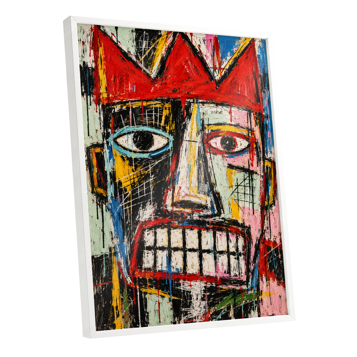 Crowned Gaze, red, black, white abstract wall art shown as a white framed poster wall art print