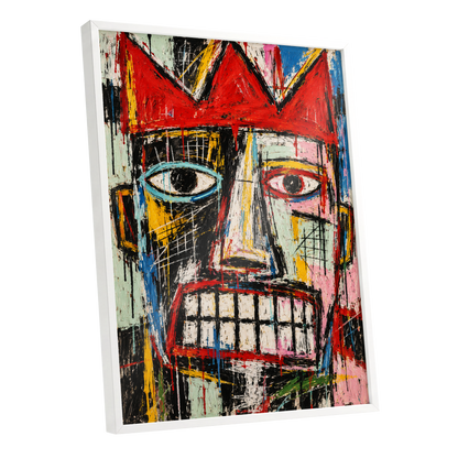 Crowned Gaze, red, black, white abstract wall art shown as a white framed poster wall art print