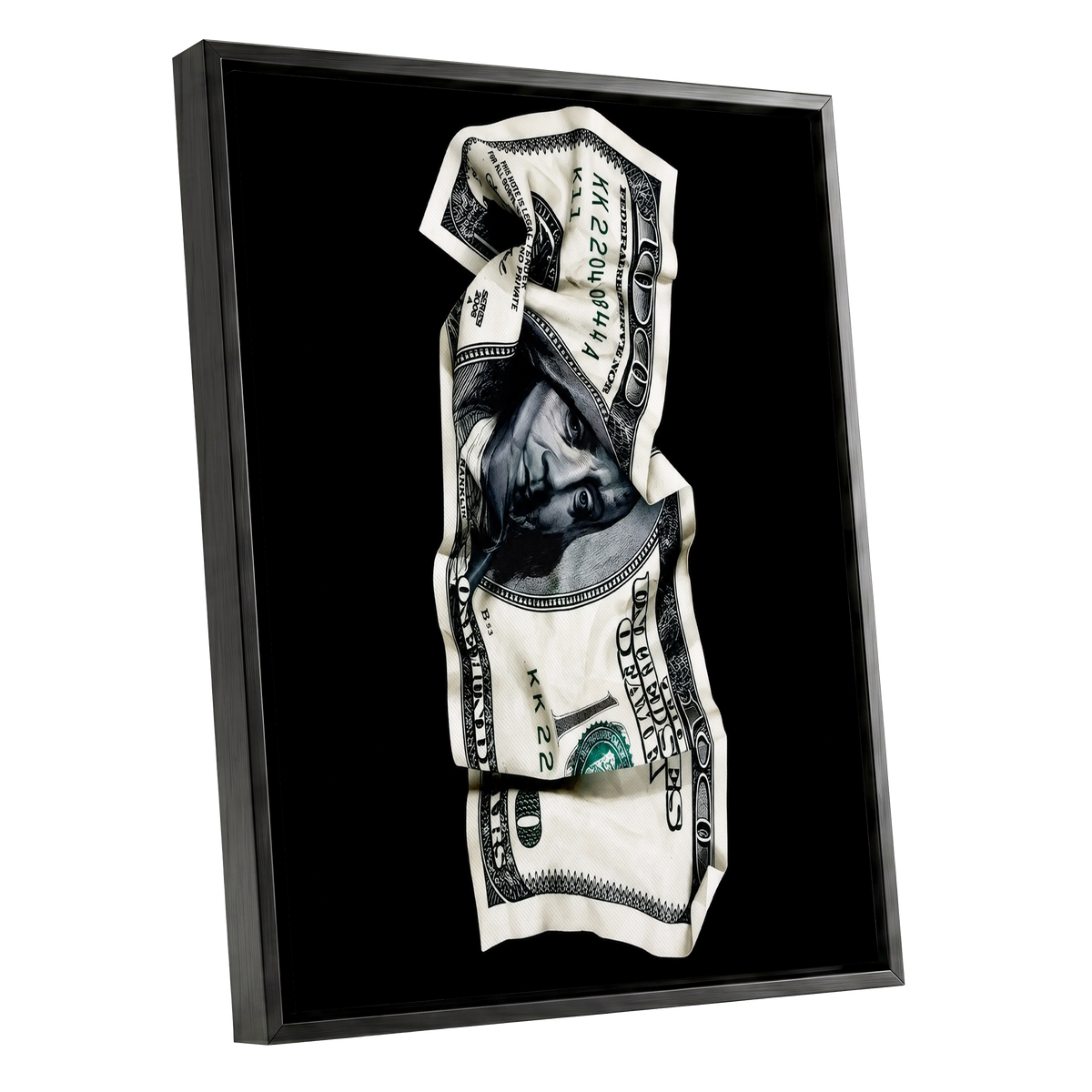 Crumpled Currency, black, white, green minimalist wall art shown as a black framed canvas wall art