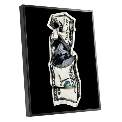 Crumpled Currency, black, white, green minimalist wall art shown as a black framed canvas wall art