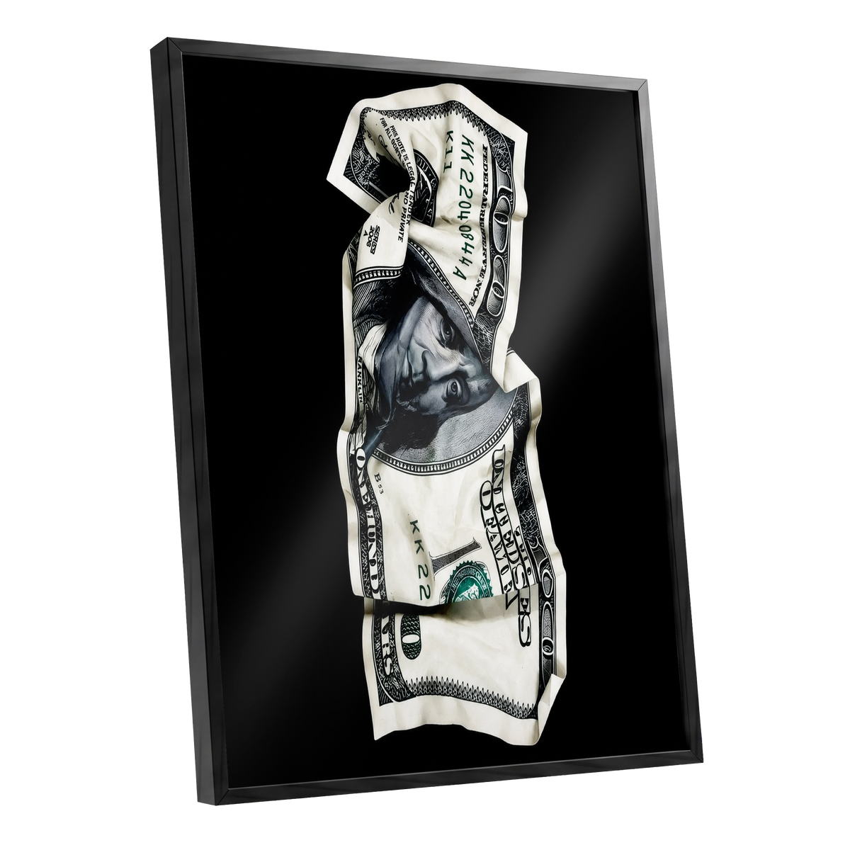 Crumpled Currency, black, white, green minimalist wall art shown as a black framed poster wall art print