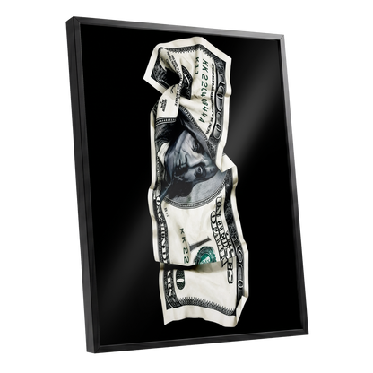 Crumpled Currency, black, white, green minimalist wall art shown as a black framed poster wall art print