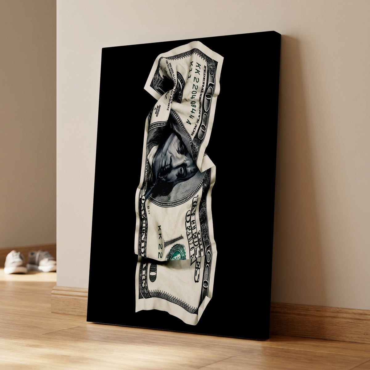 Crumpled Currency, black, white, green minimalist wall art on canvas displayed in a styled interior, gallery view 1