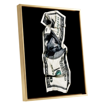 Crumpled Currency, black, white, green minimalist wall art shown as a gold framed canvas wall art