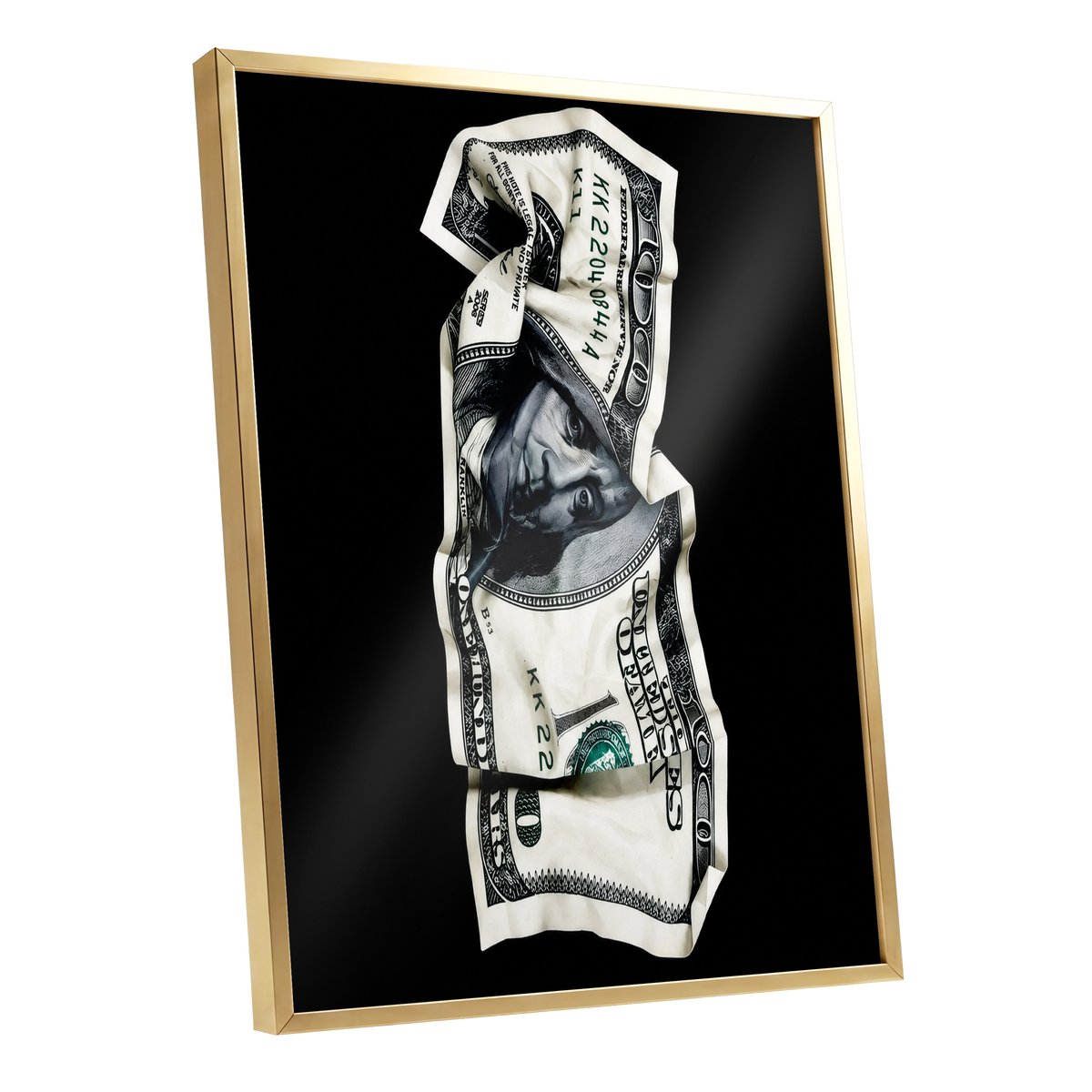 Crumpled Currency, black, white, green minimalist wall art shown as a gold framed poster wall art print