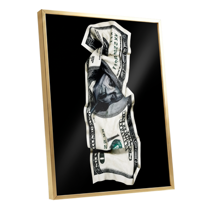 Crumpled Currency, black, white, green minimalist wall art shown as a gold framed poster wall art print