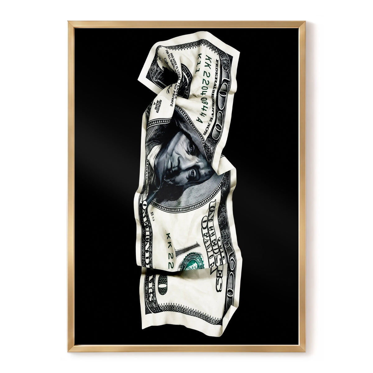 Crumpled Currency, black, white, green minimalist wall art, front artwork view