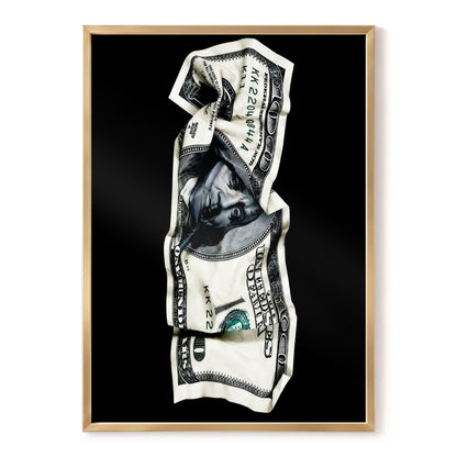 Crumpled Currency, black, white, green minimalist wall art, front artwork view