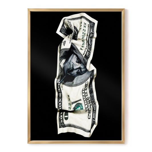 Crumpled Currency, black, white, green minimalist wall art, front artwork view