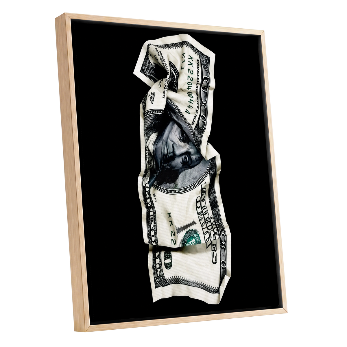 Crumpled Currency, black, white, green minimalist wall art shown as a oak framed canvas wall art