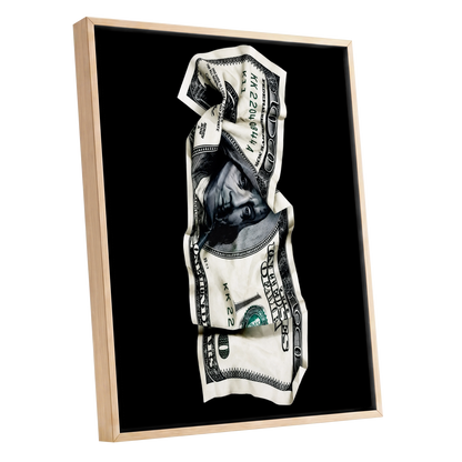 Crumpled Currency, black, white, green minimalist wall art shown as a oak framed canvas wall art