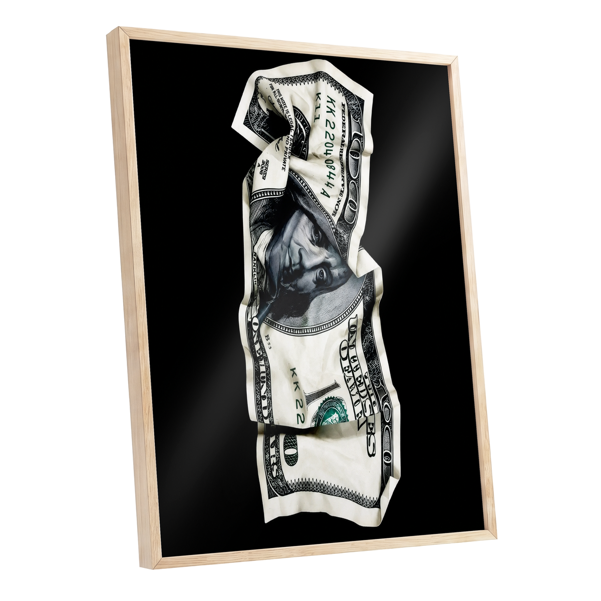 Crumpled Currency, black, white, green minimalist wall art shown as a oak framed poster wall art print