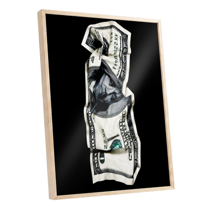 Crumpled Currency, black, white, green minimalist wall art shown as a oak framed poster wall art print