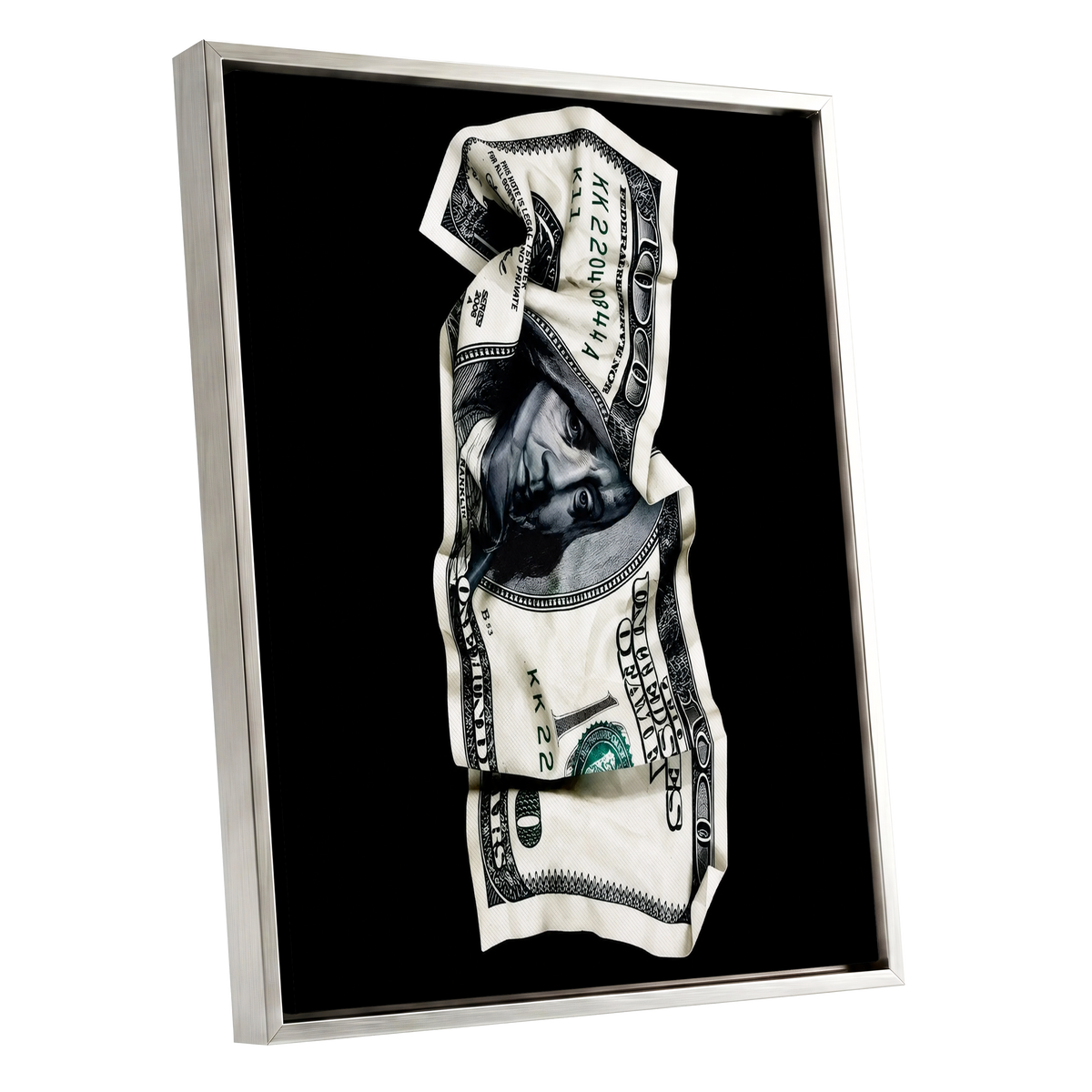 Crumpled Currency, black, white, green minimalist wall art shown as a silver framed canvas wall art