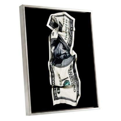 Crumpled Currency, black, white, green minimalist wall art shown as a silver framed canvas wall art
