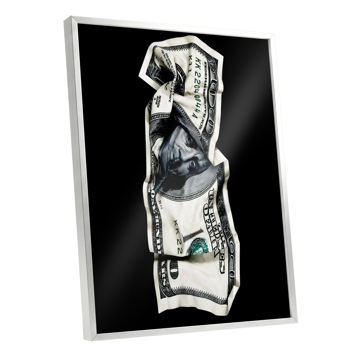 Crumpled Currency, black, white, green minimalist wall art shown as a silver framed poster wall art print