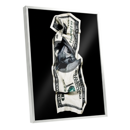 Crumpled Currency, black, white, green minimalist wall art shown as a silver framed poster wall art print