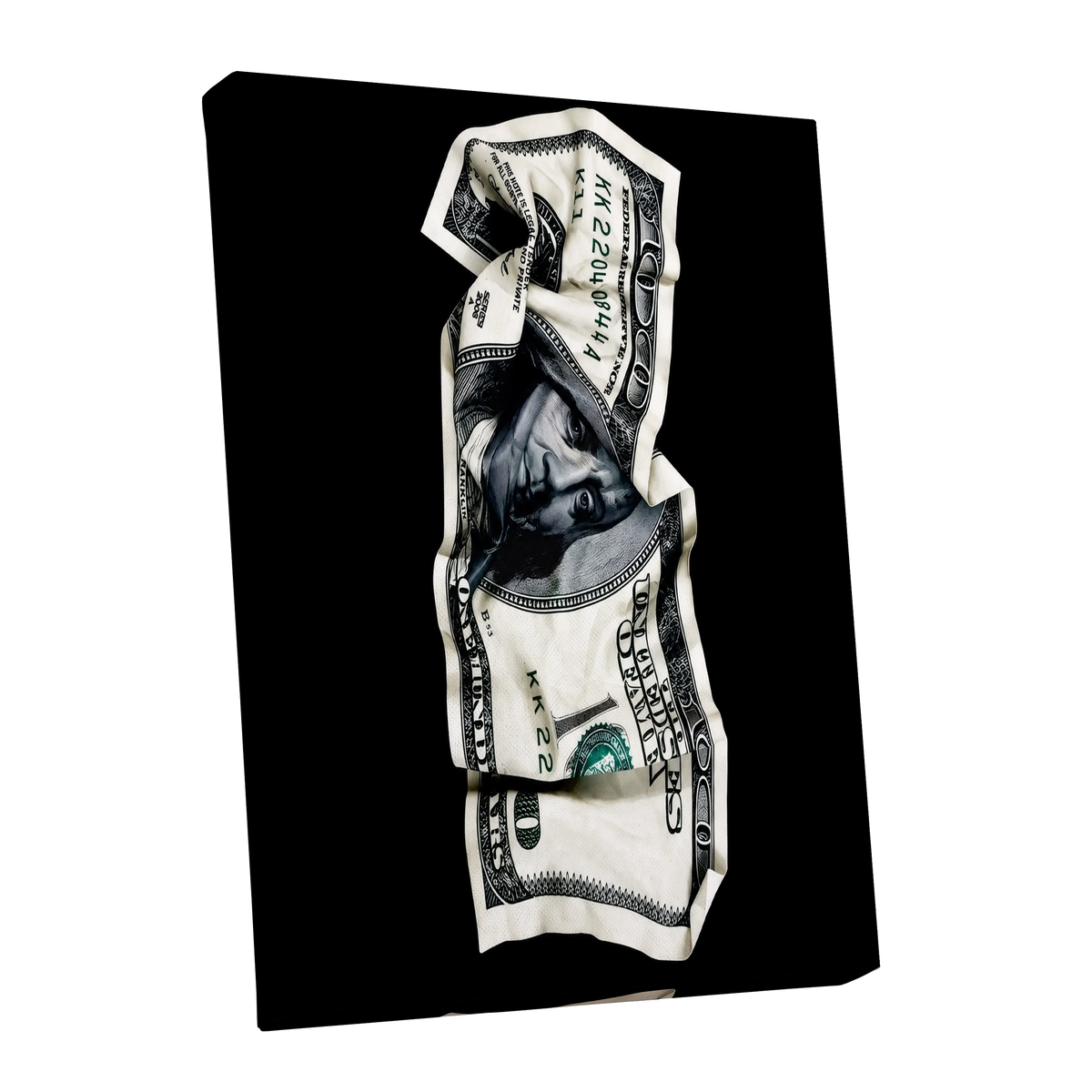 Crumpled Currency, black, white, green minimalist wall art shown as a stretched canvas wall art