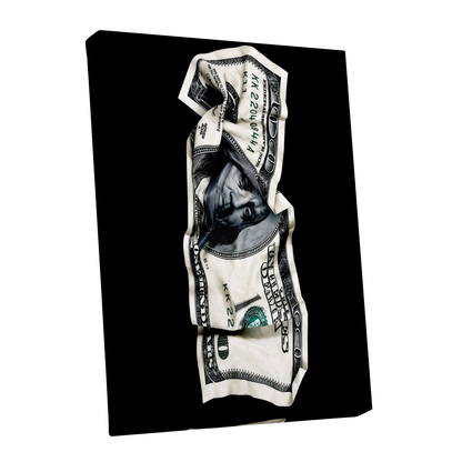 Crumpled Currency, black, white, green minimalist wall art shown as a stretched canvas wall art