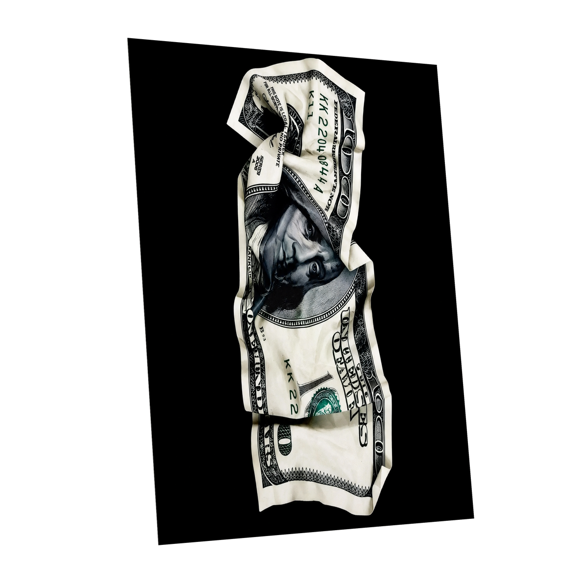 Crumpled Currency, black, white, green minimalist wall art shown as a unframed poster wall art print